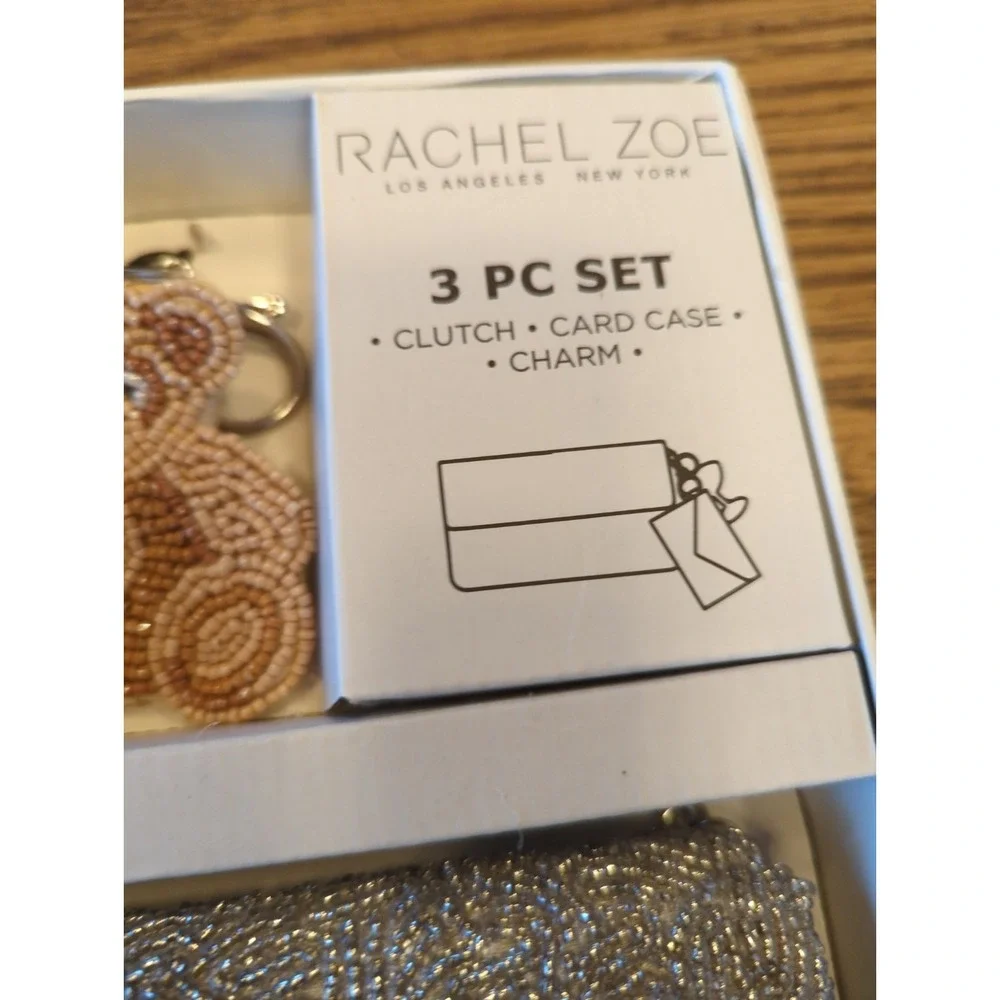 NEW Rachel Zoe Teddy Bear Beaded Clutch Wallet and Key Chain 3-Piece Set Ret $98